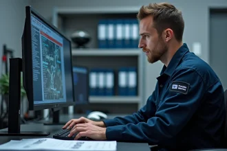 Technicien automobile concentré devant l'interface New Dialogys sur un écran d'ordinateur dans un atelier de concession