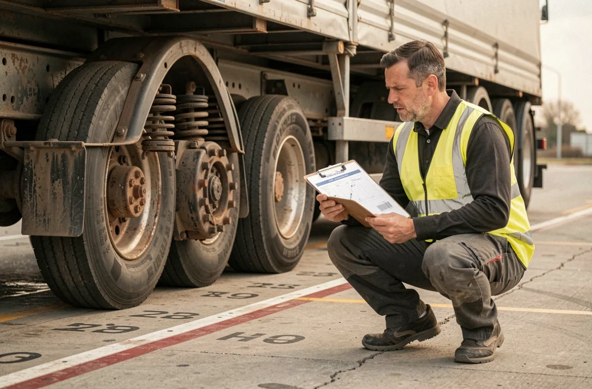 Technicien de transport mesurant l'empattement d'une semi-remorque sur un pont-bascule, avec documents de calcul de poids et dimensions réglementaires