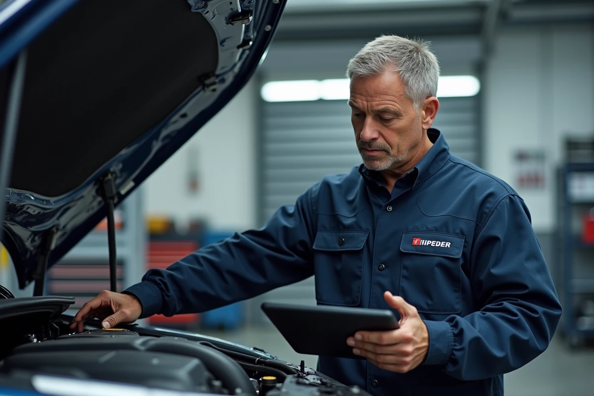 Technicien PF Motor en train d'inspecter le moteur d'un véhicule dans un atelier de service après-vente professionnel