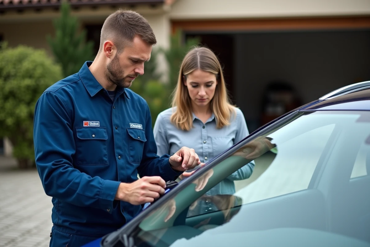 Technicien en uniforme installe un pare-brise sur une voiture