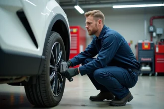 Technicien automobile inspectant les freins d'une Toyota CHR dans un garage professionnel