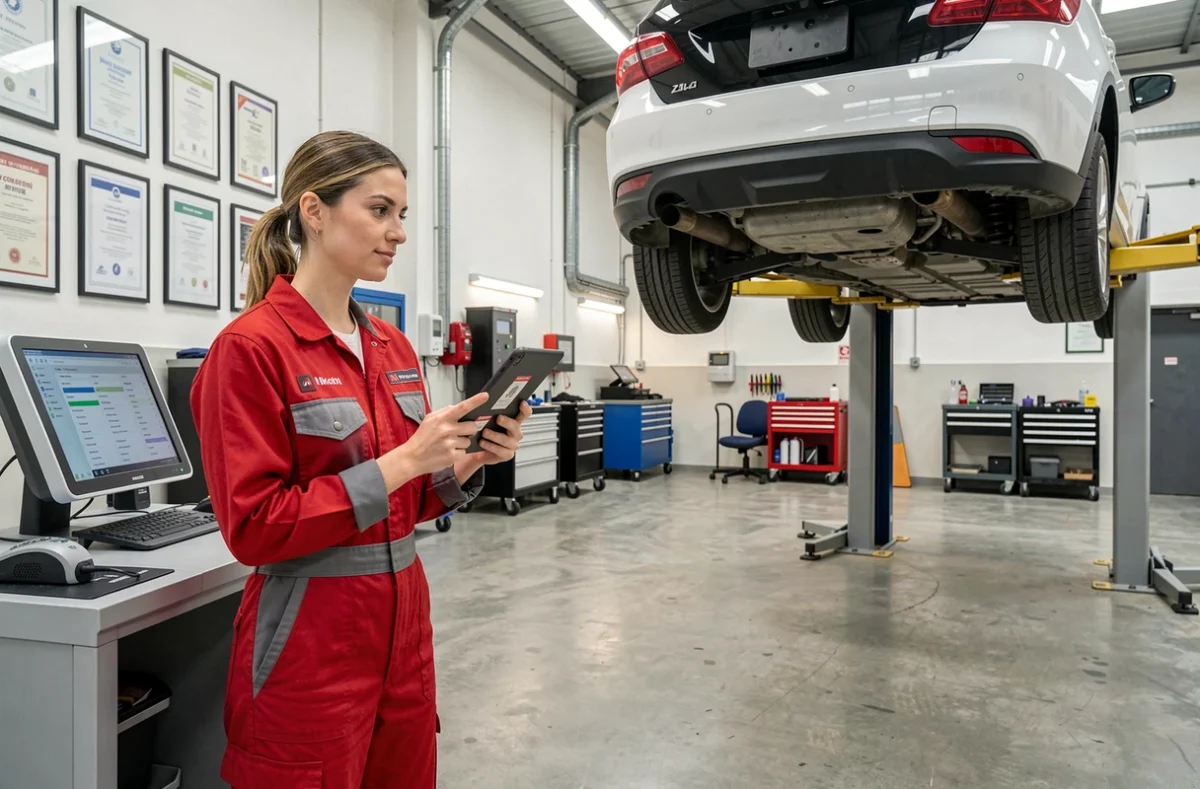Technicienne automobile utilisant un outil de diagnostic numérique dans un atelier moderne en région parisienne