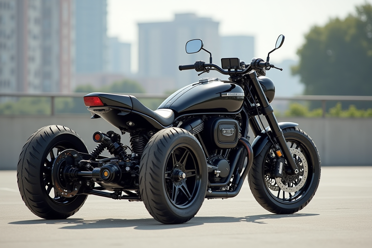 Tricycle personnalisé garé en ville avec moto standard à côté