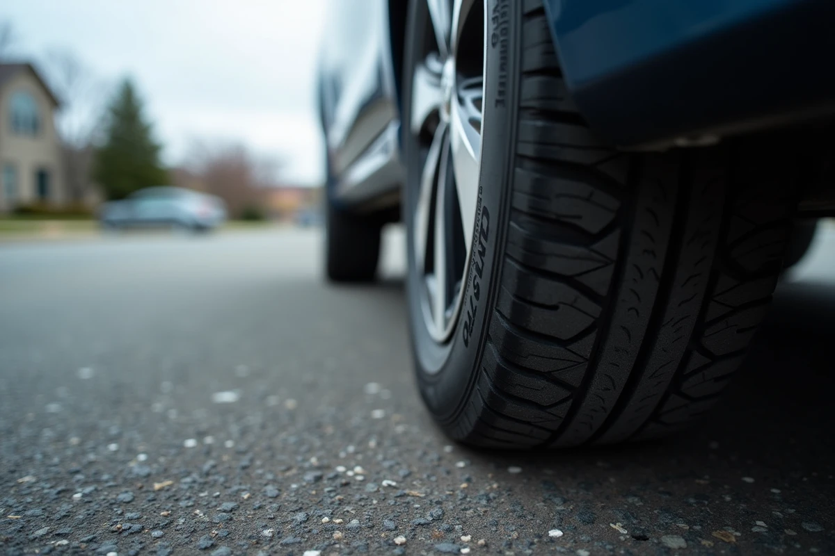 Gros plan sur l'usure des gommes et les indicateurs de bande de roulement d'un pneu de Toyota Yaris Hybride sur asphalte
