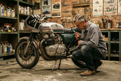Mécanicien inspectant le numéro de cadre d'une Yamaha RDLC 350 d'occasion dans un atelier vintage
