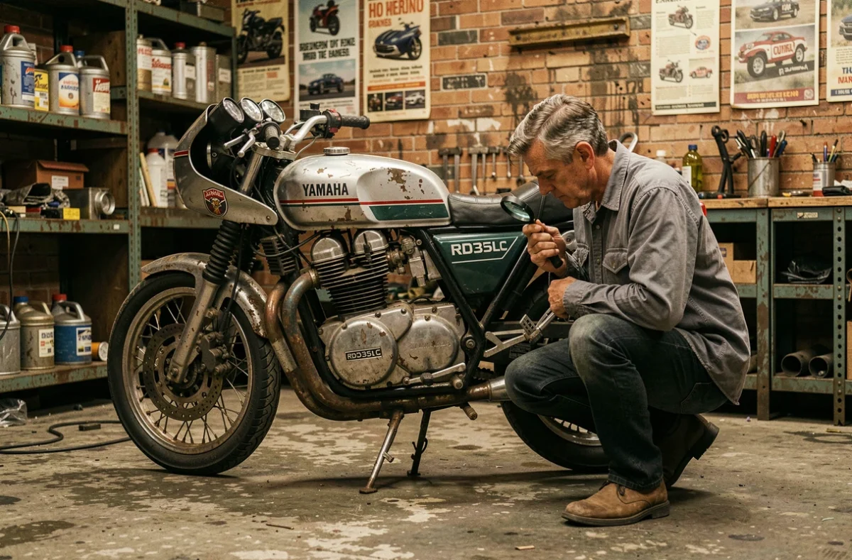 Mécanicien inspectant le numéro de cadre d'une Yamaha RDLC 350 d'occasion dans un atelier vintage