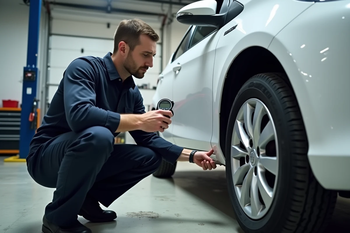 Mécanicien vérifiant la pression des pneus d'une Toyota Yaris Hybride avec un manomètre numérique dans un garage automobile
