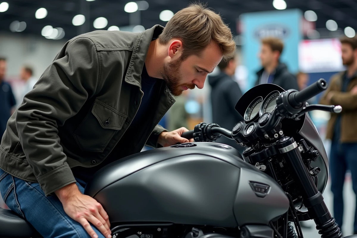 Visiteur examinant de près une moto sport sur un stand du Salon du 2 Roues de Lyon 2026
