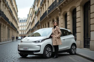 Voiture électrique compacte garée dans une rue étroite de Paris, illustrant l'adaptation du gabarit urbain des véhicules électriques