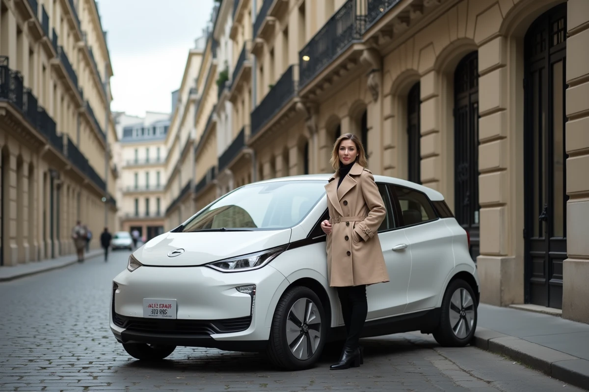 Voiture électrique compacte garée dans une rue étroite de Paris, illustrant l'adaptation du gabarit urbain des véhicules électriques