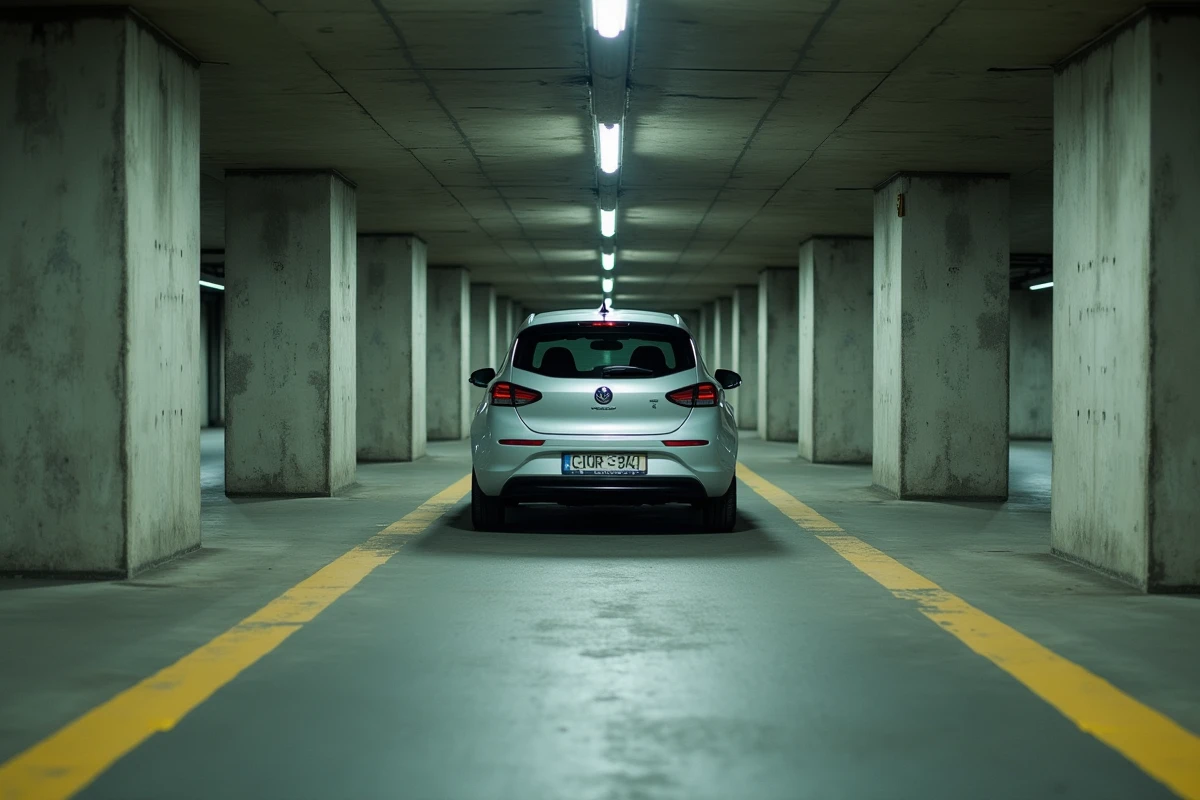 Voiture électrique compacte dans un parking souterrain urbain montrant les contraintes de gabarit entre les piliers