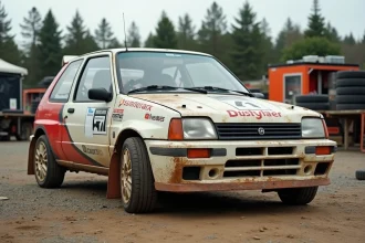 Voiture de rallye terre occasion des années 90 garée dans un parc d'assistance sur sol en gravier, avec cage de sécurité visible et carrosserie portant les marques de l'usage en compétition