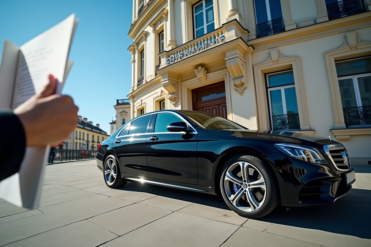 Voiture sedan noire devant une administration française