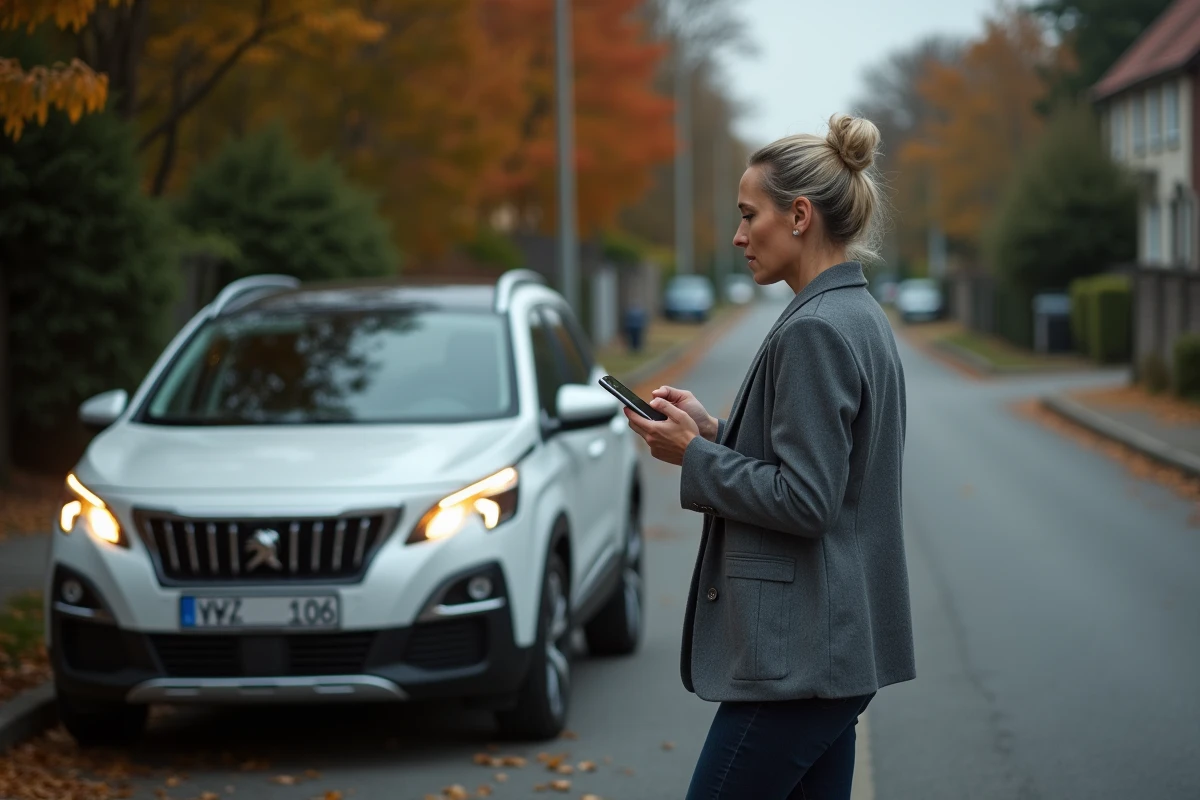 Femme inquiète observant le voyant moteur allumé sur sa Peugeot 3008 garée en bord de route