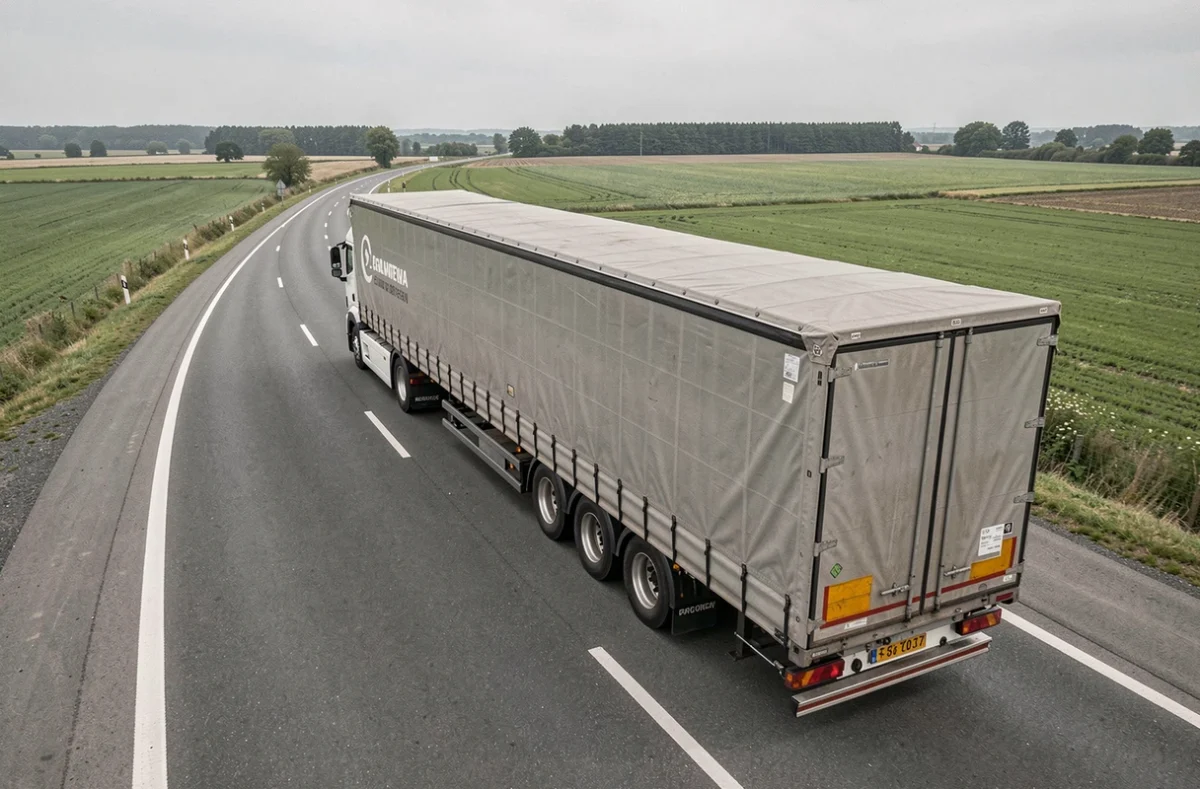 Vue aérienne grand angle d'une semi-remorque 44 tonnes sur autoroute française, illustrant la longueur totale et les dimensions réglementaires du véhicule