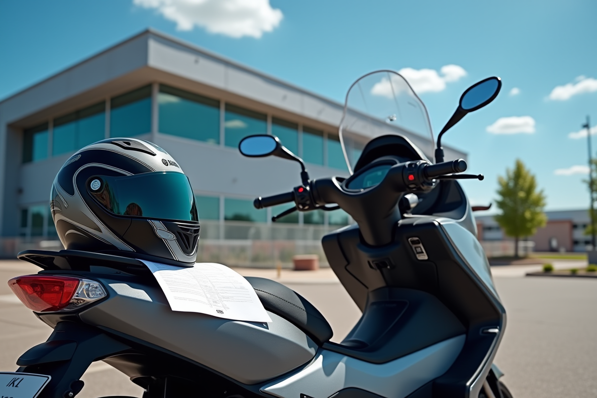 Scooter Yamaha TMAX devant une école de conduite avec casque et papiers
