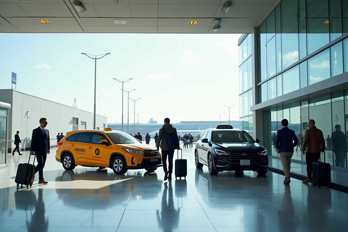 Zone d arrivee a l aéroport avec taxi traditionnel et VTC